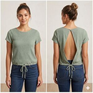 Willow Root Sage Green Smocked Open Back Tie-Waist Tee Boho Top Size Medium M